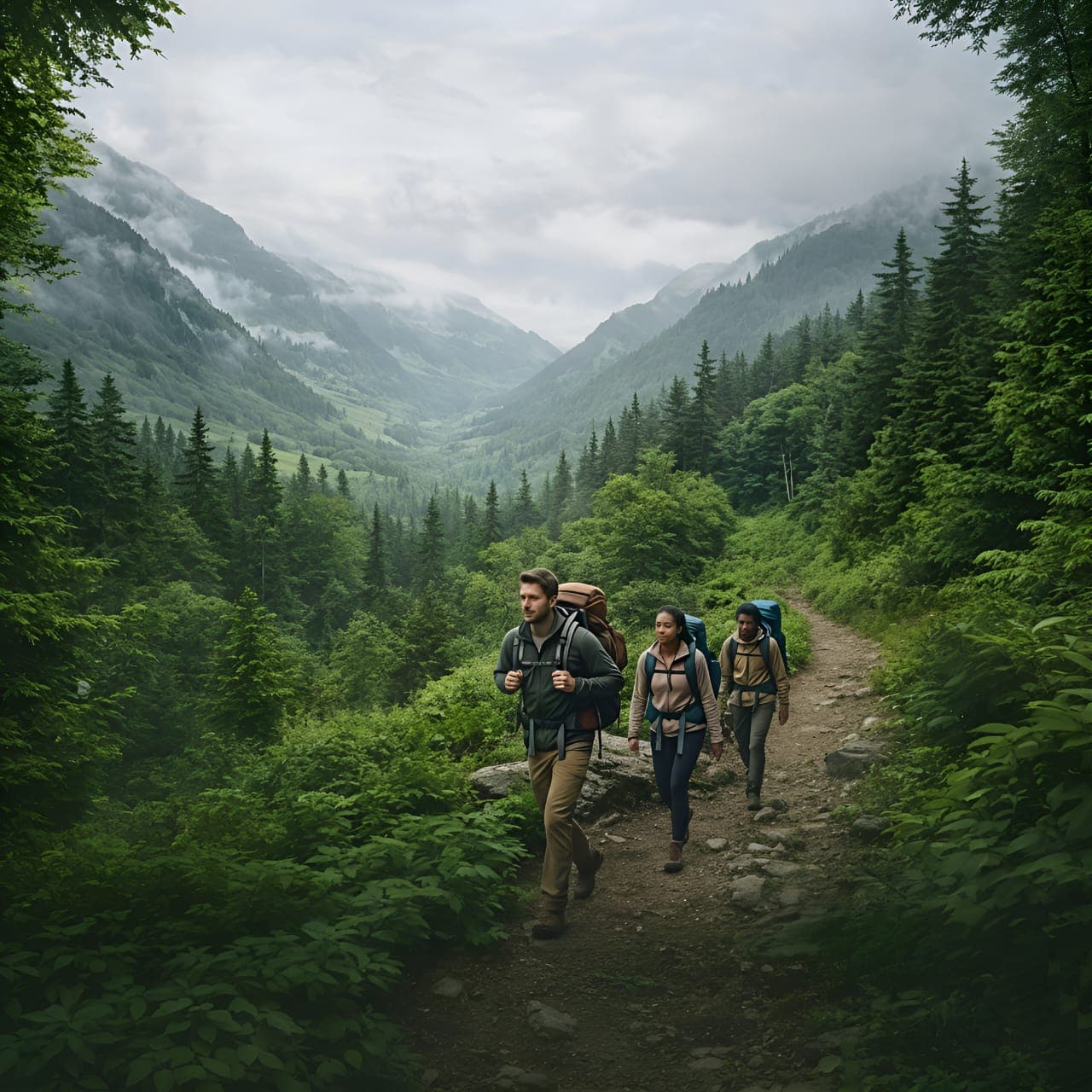 Wild Trail Gear mountain landscape with hikers